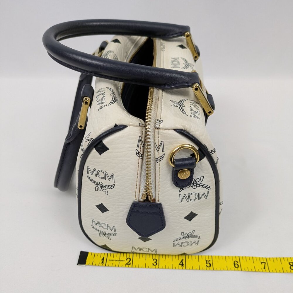 MCM Navy Blue and White Monogram Rare Boston Mini Top Handle Bag - Picture 5 of 14